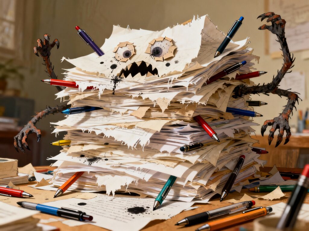 Monster aus einem Stapel zerfledderter Papiere und Kugelschreibern auf einem Schreibtisch