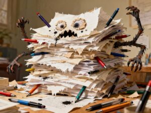 Monster aus einem Stapel zerfledderter Papiere und Kugelschreibern auf einem Schreibtisch
