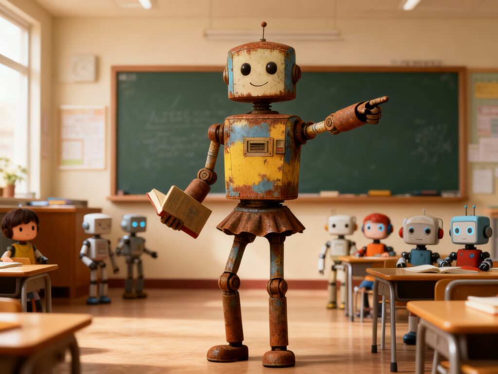 Retro-Roboter als Lehrkraft im Klassenzimmer, zeigt auf die Tafel – Symbolbild für KI in der Kita