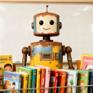 Freundlicher Retro-Blechroboter hinter einem Regal mit bunten Kinderbüchern in einem Kita-Raum