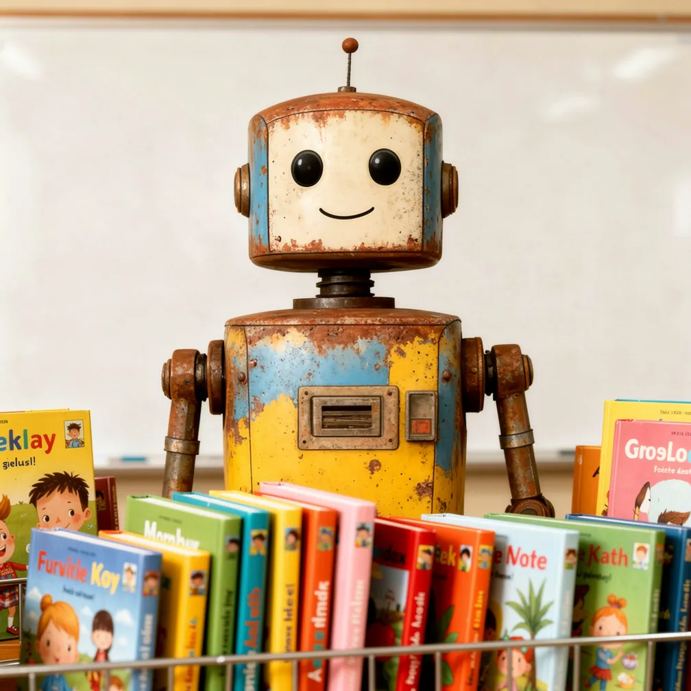 Freundlicher Retro-Blechroboter hinter einem Regal mit bunten Kinderbüchern in einem Kita-Raum