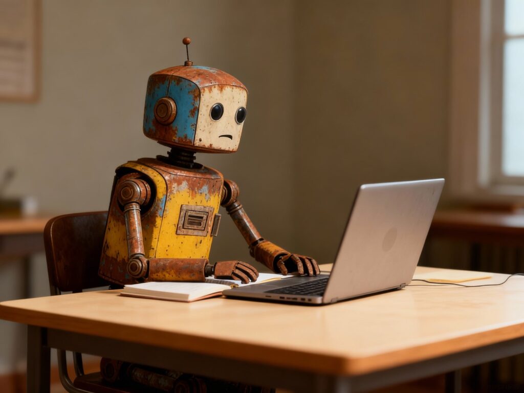 Retro-Blechroboter sitzt allein an einem Schreibtisch vor einem Laptop und einem aufgeschlagenen Buch