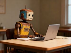 Retro-Blechroboter sitzt allein an einem Schreibtisch vor einem Laptop und einem aufgeschlagenen Buch