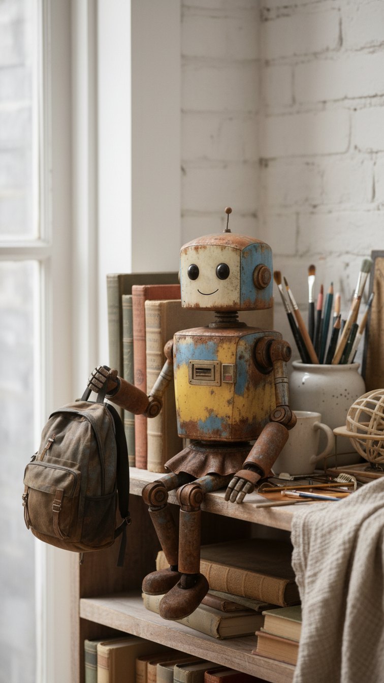Der Kita-Roboter von Susanne Beckers sitzt mit Rucksack auf einem Bücherregal am Fenster