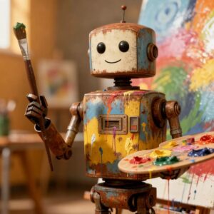 Retro-Blechroboter malt mit Pinsel und Farbpalette an einer bunten Leinwand, Sinnbild für KI-Prompts für die Kita