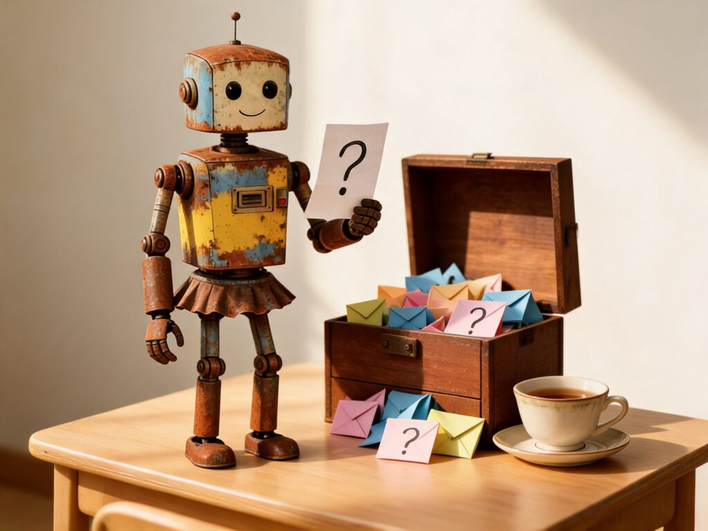 Retro-Roboter hält einen Zettel mit Fragezeichen, daneben eine Holzkiste voller bunter Briefumschläge, Sinnbild für die häufigsten Fragen zu KI in der Kita
