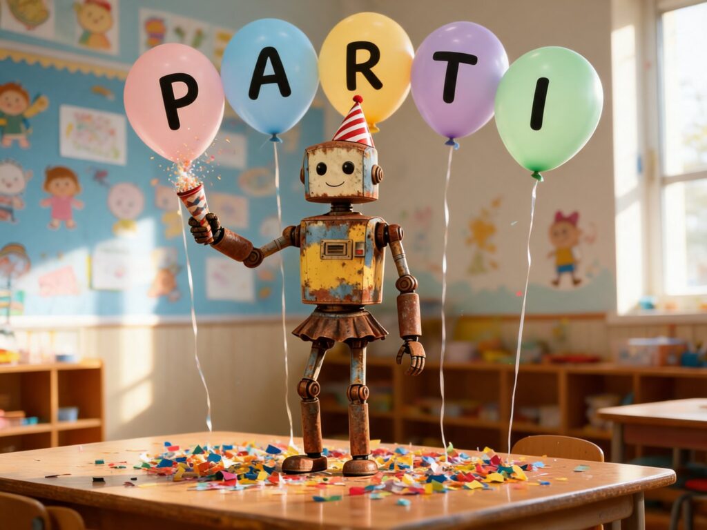 Rostiger Retro-Roboter mit Partyhut vor fünf Luftballons mit den Buchstaben PARTI, Sinnbild für das PARTI-Modell zum Prompten in der Kita
