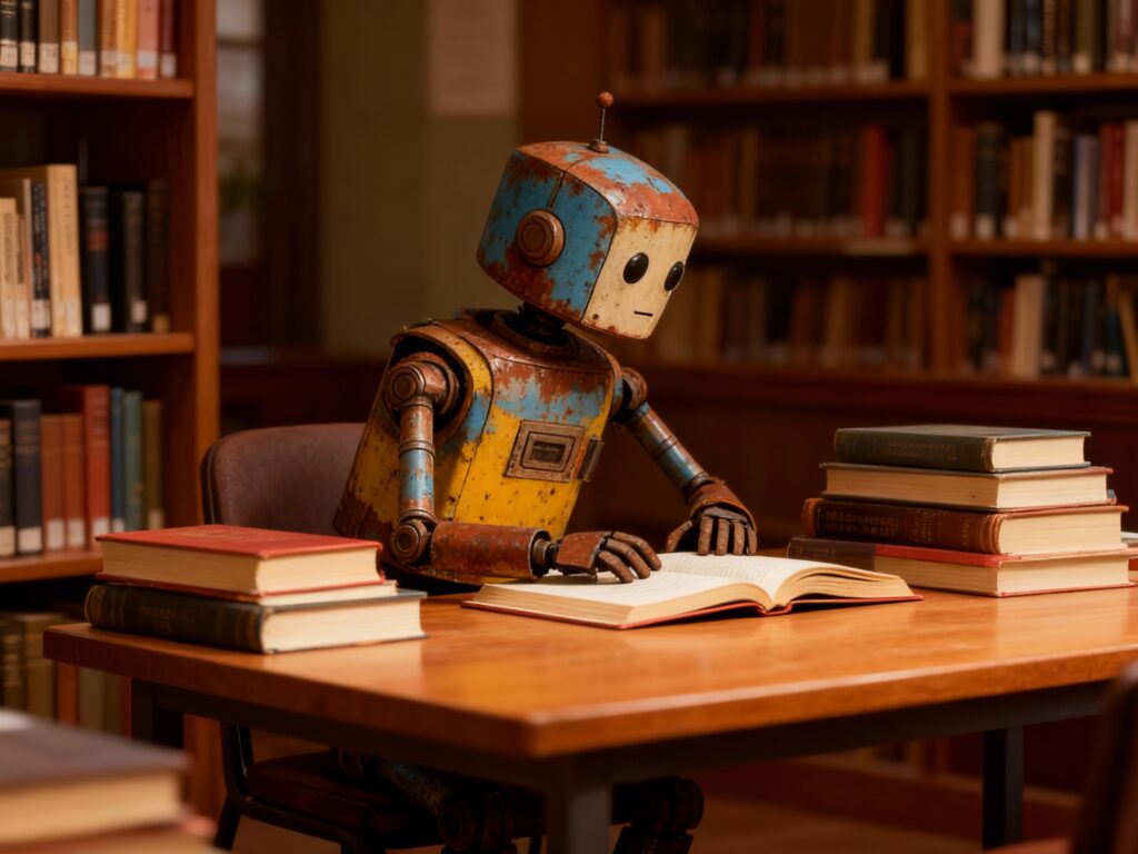 Rostiger Retro-Roboter sitzt in einer Bibliothek am Holztisch und liest konzentriert in einem aufgeschlagenen Buch, umgeben von Bücherstapeln