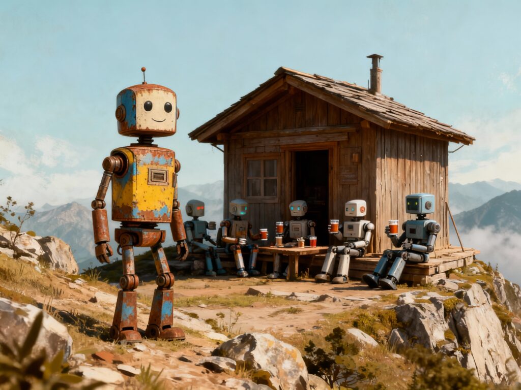 Rostiger Retro-Roboter vor einer Berghütte, in der andere Roboter gemeinsam Tee trinken, Sinnbild für den Umzug von GPTs zu KI-Projekten in der Kita