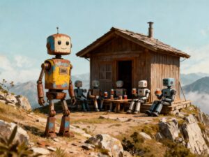 Rostiger Retro-Roboter vor einer Berghütte, in der andere Roboter gemeinsam Tee trinken, Sinnbild für den Umzug von GPTs zu KI-Projekten in der Kita