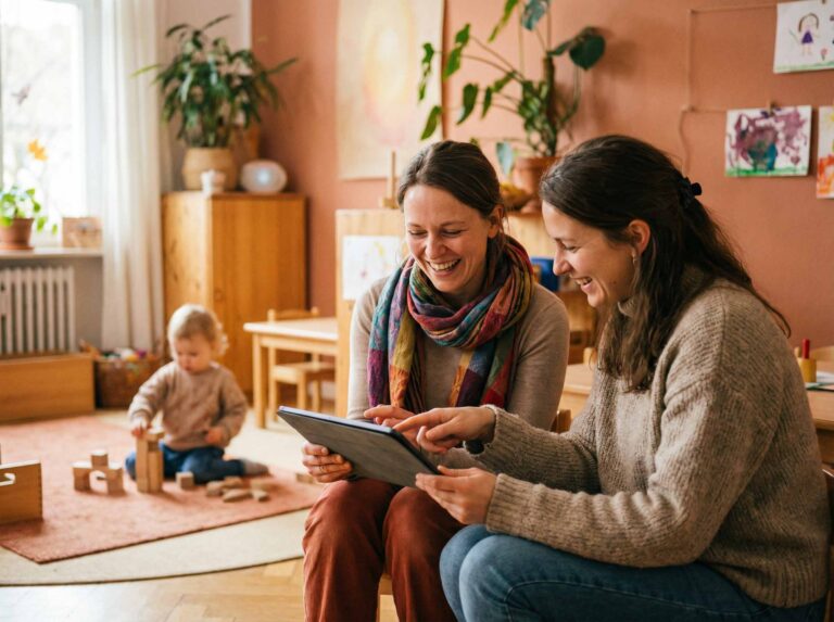 KI Kompetenzen in der Kita – Erzieherinnen nutzen Tablet im pädagogischen Alltag