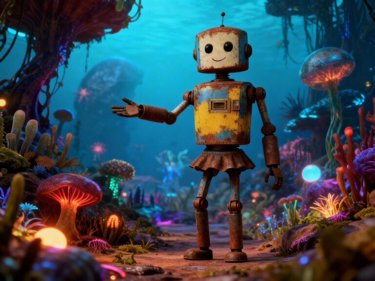 Freundlicher Retro-Roboter in fantasievoller Unterwasserwelt – KI Illustration